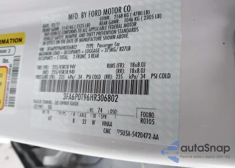 2017 Ford Fusion Se z USA, uszkodzony, nr VIN 3FA6P0T96HR306802